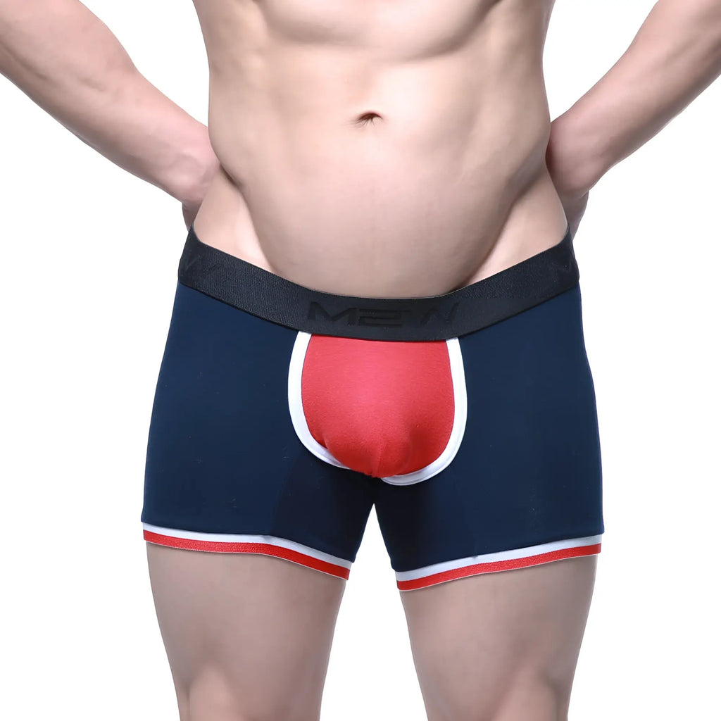 Mens navy blue boxer briefs with red and white pouch and black waistband featuring men logo metroMalewear oviedo 7 inch