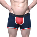 Mens navy blue boxer briefs with red and white pouch and black waistband featuring men logo metroMalewear oviedo 7 inch