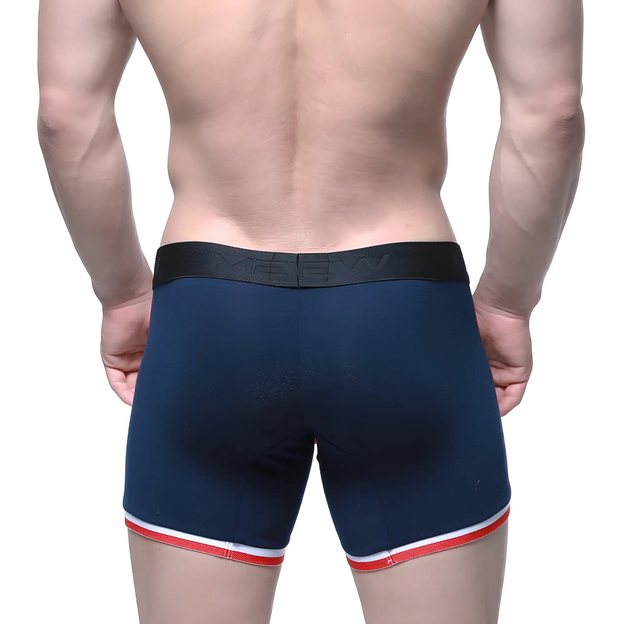 MetroMaleWear Oviedo short boxer 7 inch navy blue briefs with black waistband and red and white leg trim