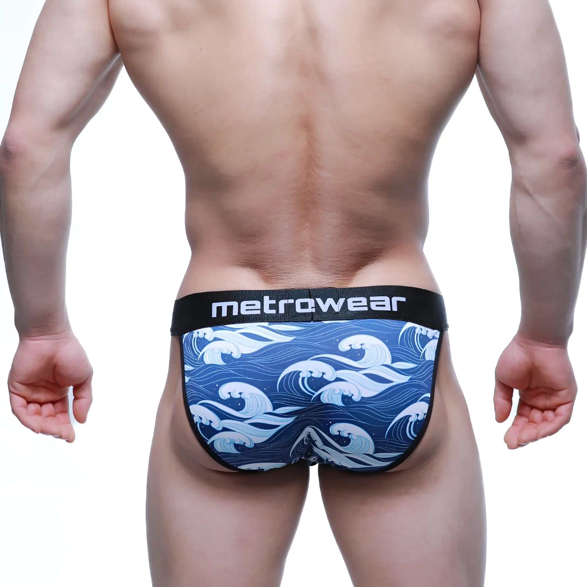 Blue and white wave patterned men’s briefs with black metrowear waistband metro malewear pado bikini 3004-56