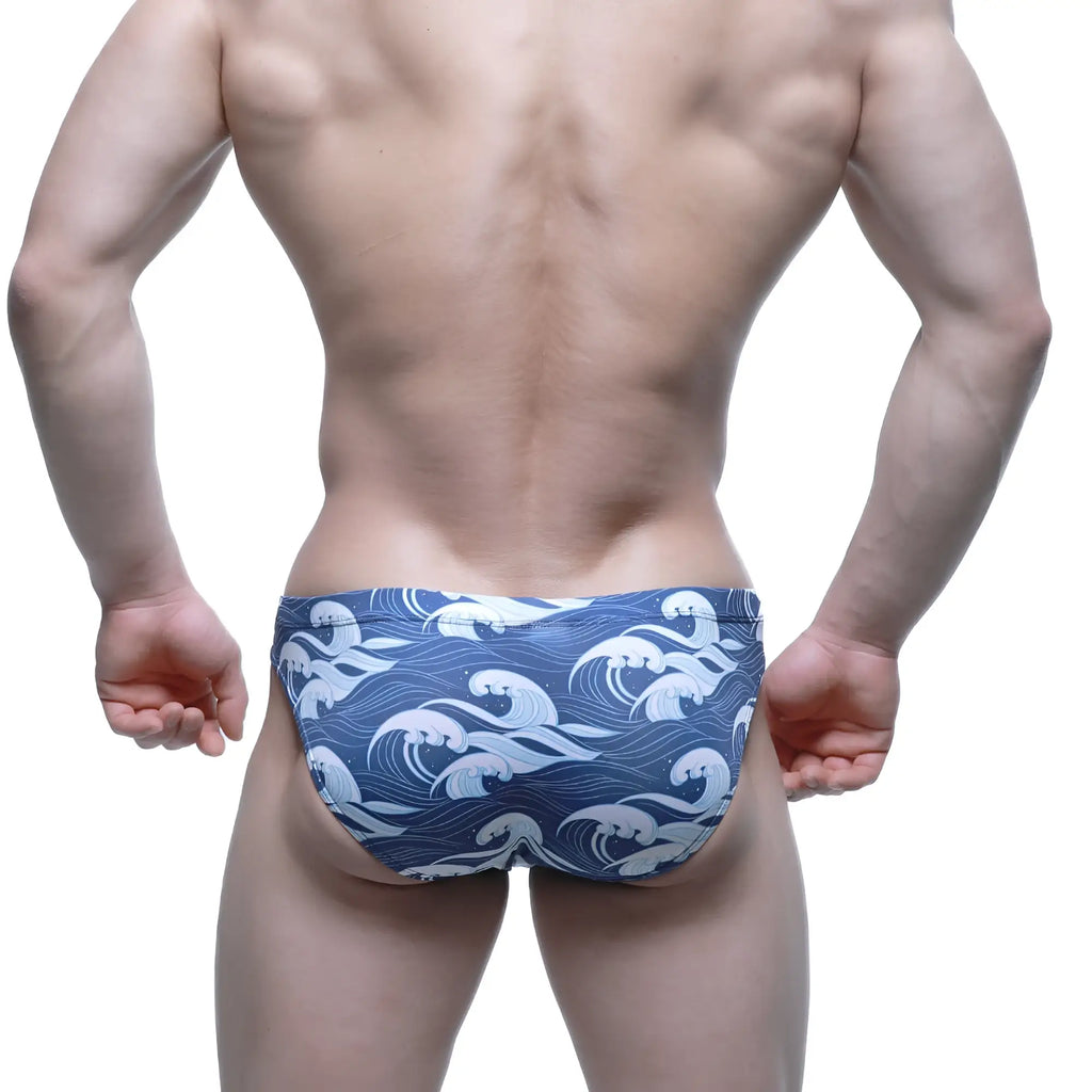 Blue metro malewear pado bikini 5103-m53 swim trunks with white wave pattern for casual beachwear