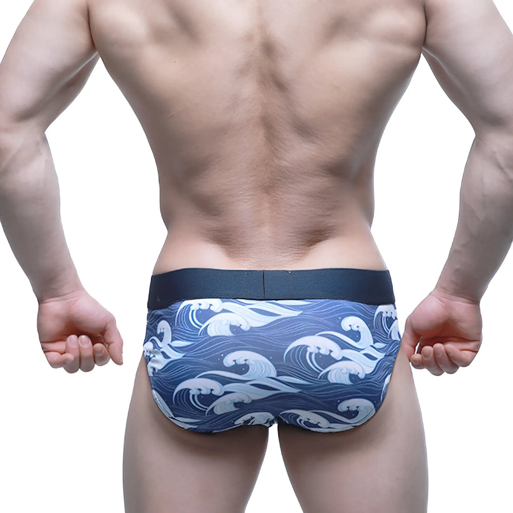 MetroMaleWear Pado brief 5203-59 men’s briefs with blue white wave pattern and dark blue waistband