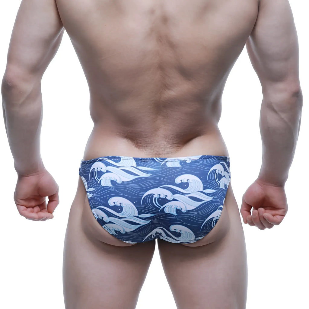 Blue swim trunks with white wave pattern metroMalewear pado lowrise bikini 6115-66 for beach and poolwear
