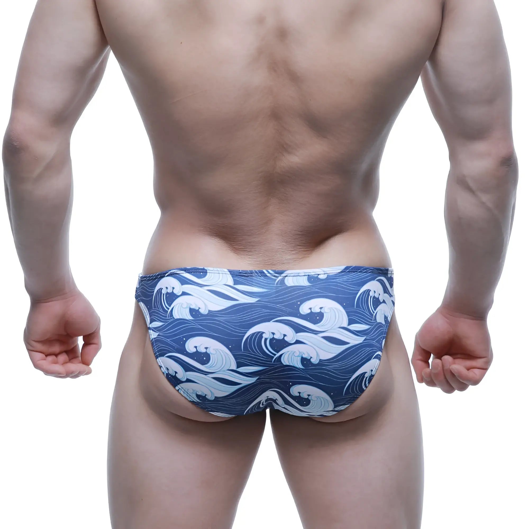 Blue swim trunks with white wave pattern metroMalewear pado lowrise bikini 6115-66 for beach and poolwear