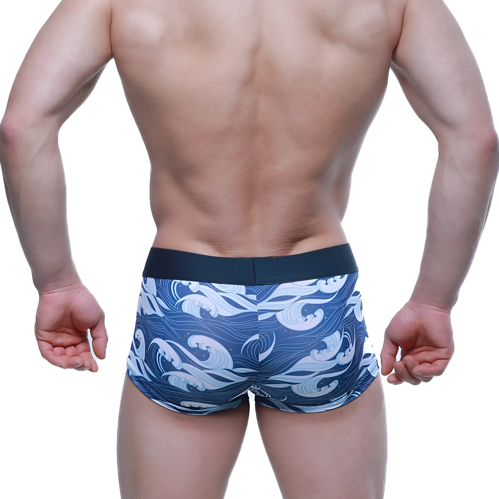 MetroMaleWear Pado short boxer 2026-64 blue and white wave patterned men’s boxer briefs with black elastic waistband