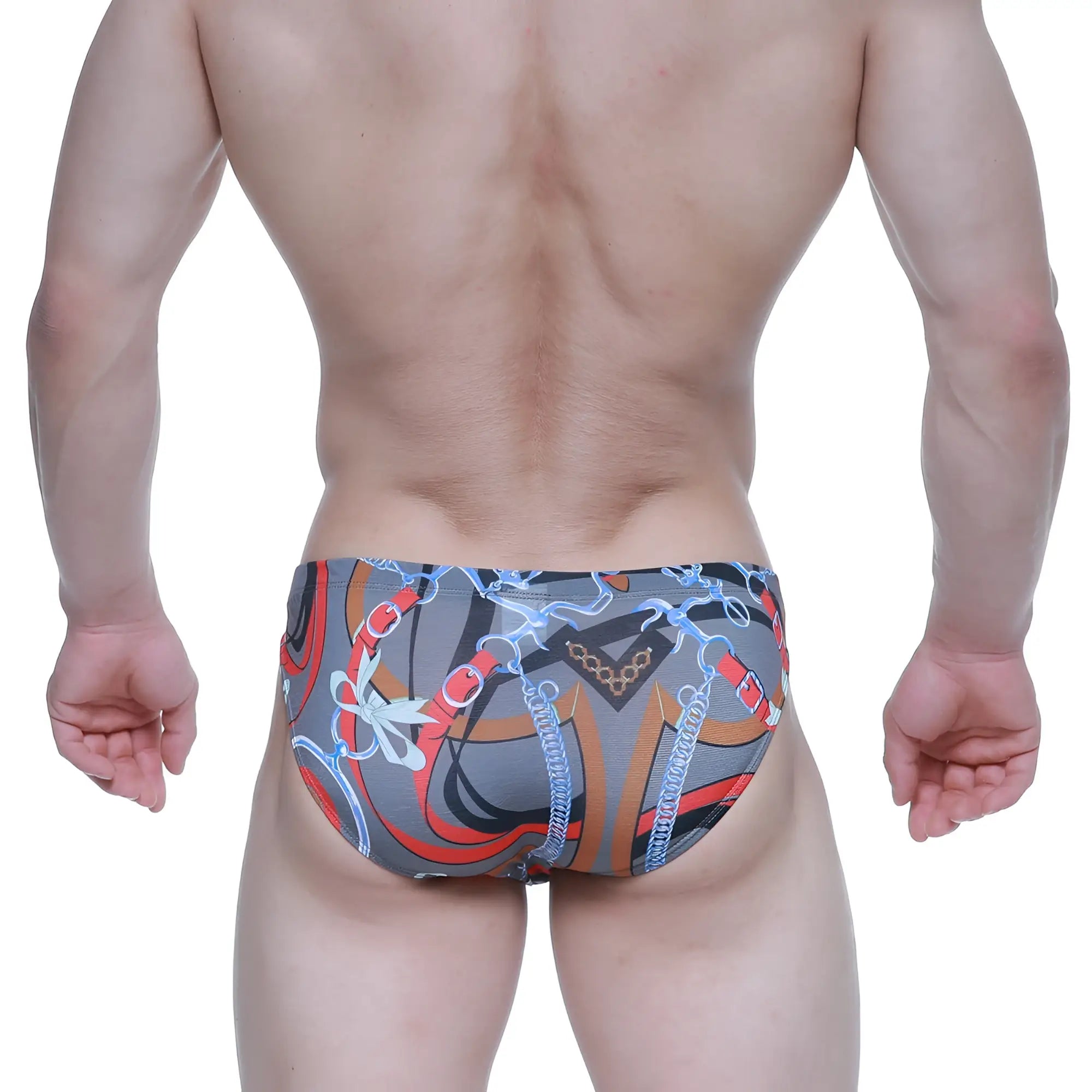 Gray swim trunks from metromalewear padu bikini 5103-m34 with bold red orange and blue chain pattern and decorative bows