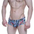 Gray swim trunks by MetroMaleWear Padu Trunk 2125-34 with bold colorful chain and abstract graphic print