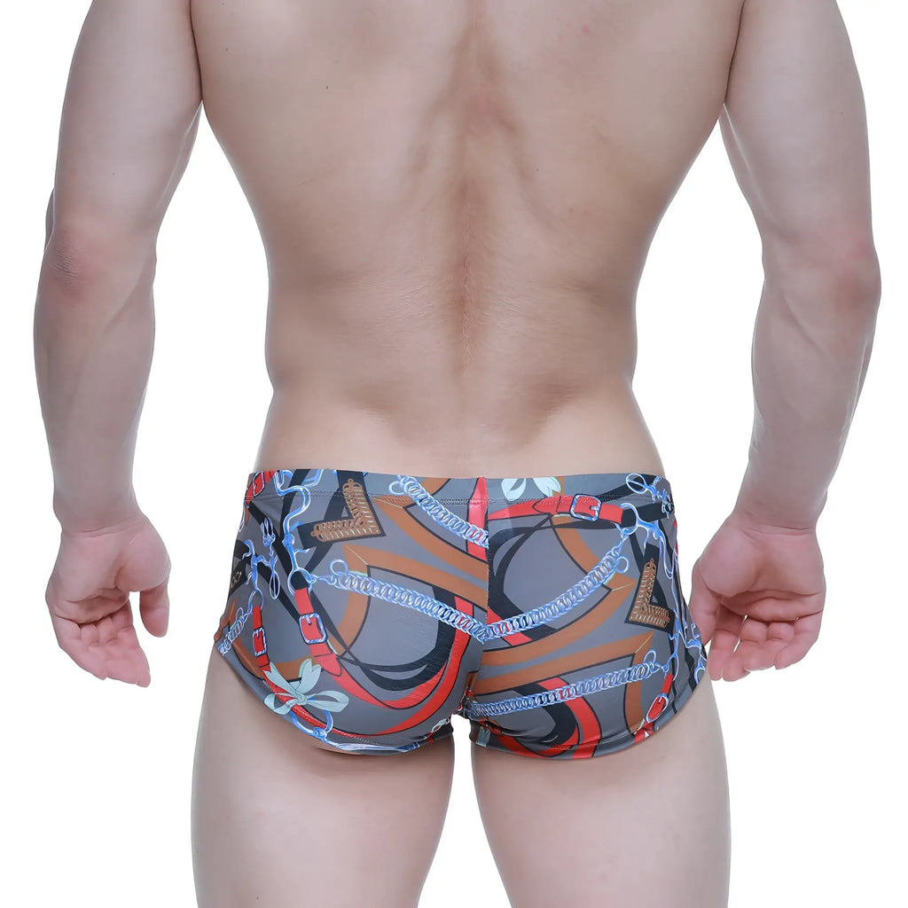 MetroMaleWear padu trunk 2125-34 gray swim trunks with bold orange red and blue chain pattern and metallic accents
