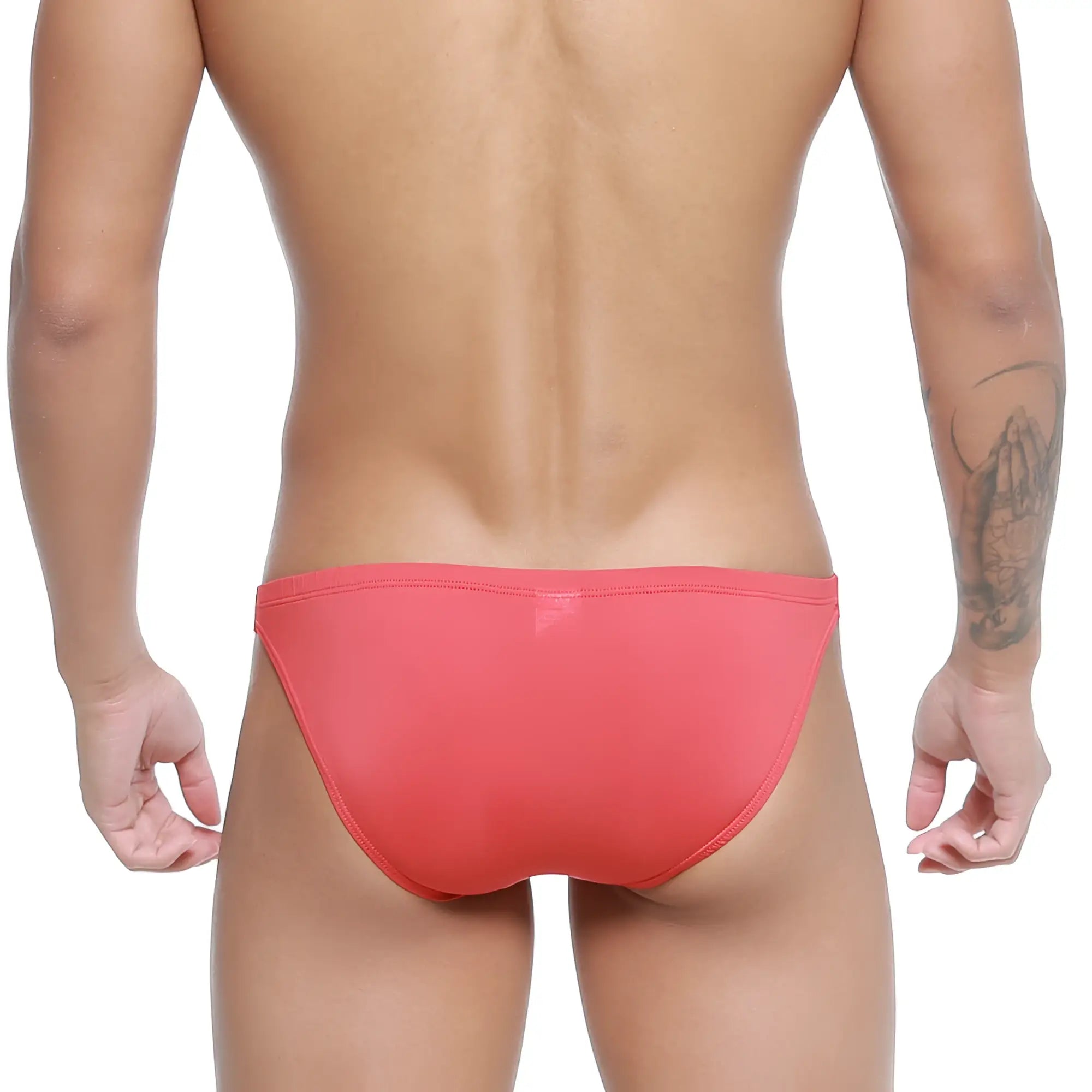 A sleek coral-red swim trunk by MetroMaleWear Paleta bikini 3604-13 with smooth form-fitting design