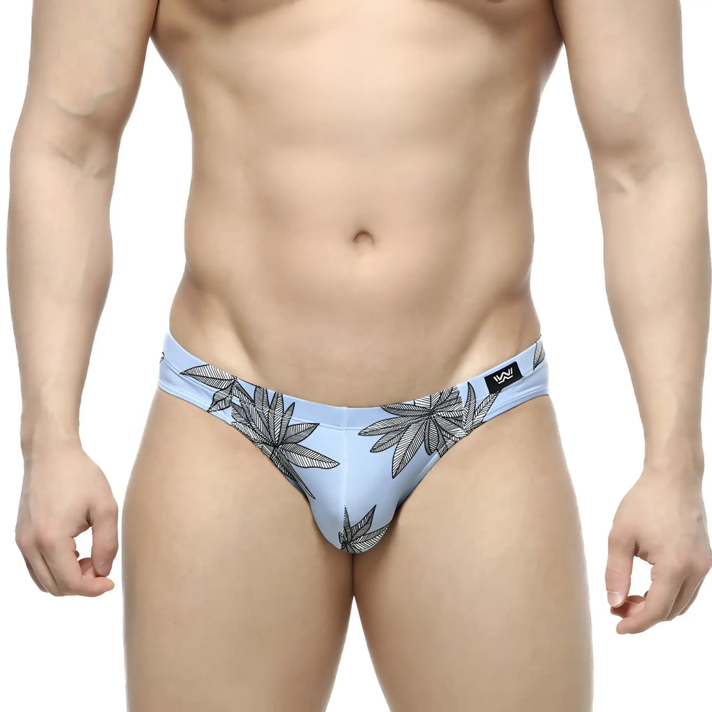 Light blue metro malewear palma bikini briefs with black leaf pattern and small logo on waistband
