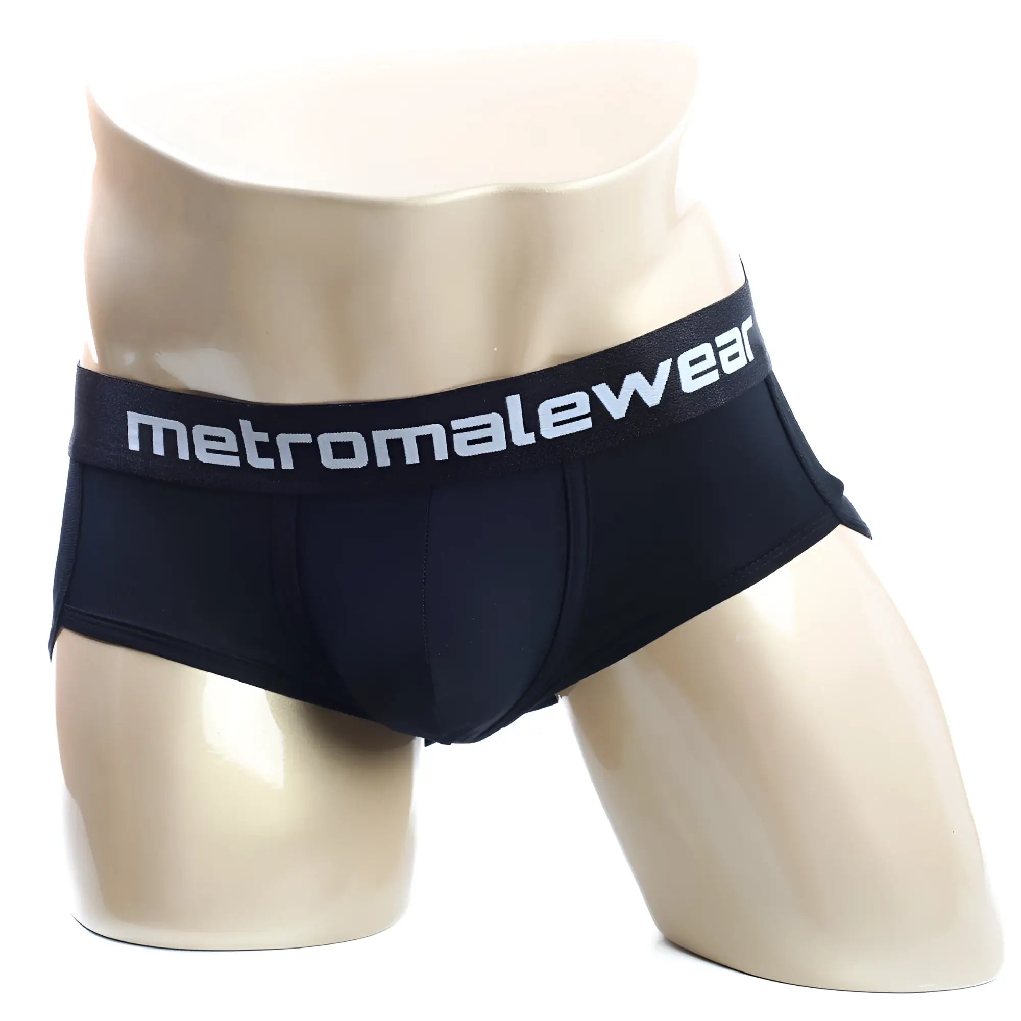 Black mens briefs with white metromalewear logo on elastic waistband metro male wear palma boxer jock black 1413-20