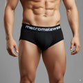 Black men’s metro malewear palma boxer jock briefs in black with white logo on waistband front view