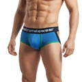 Blue and green athletic briefs with black waistband featuring metromalewear logo metro malewear palma boxer jock petrol 1413-08