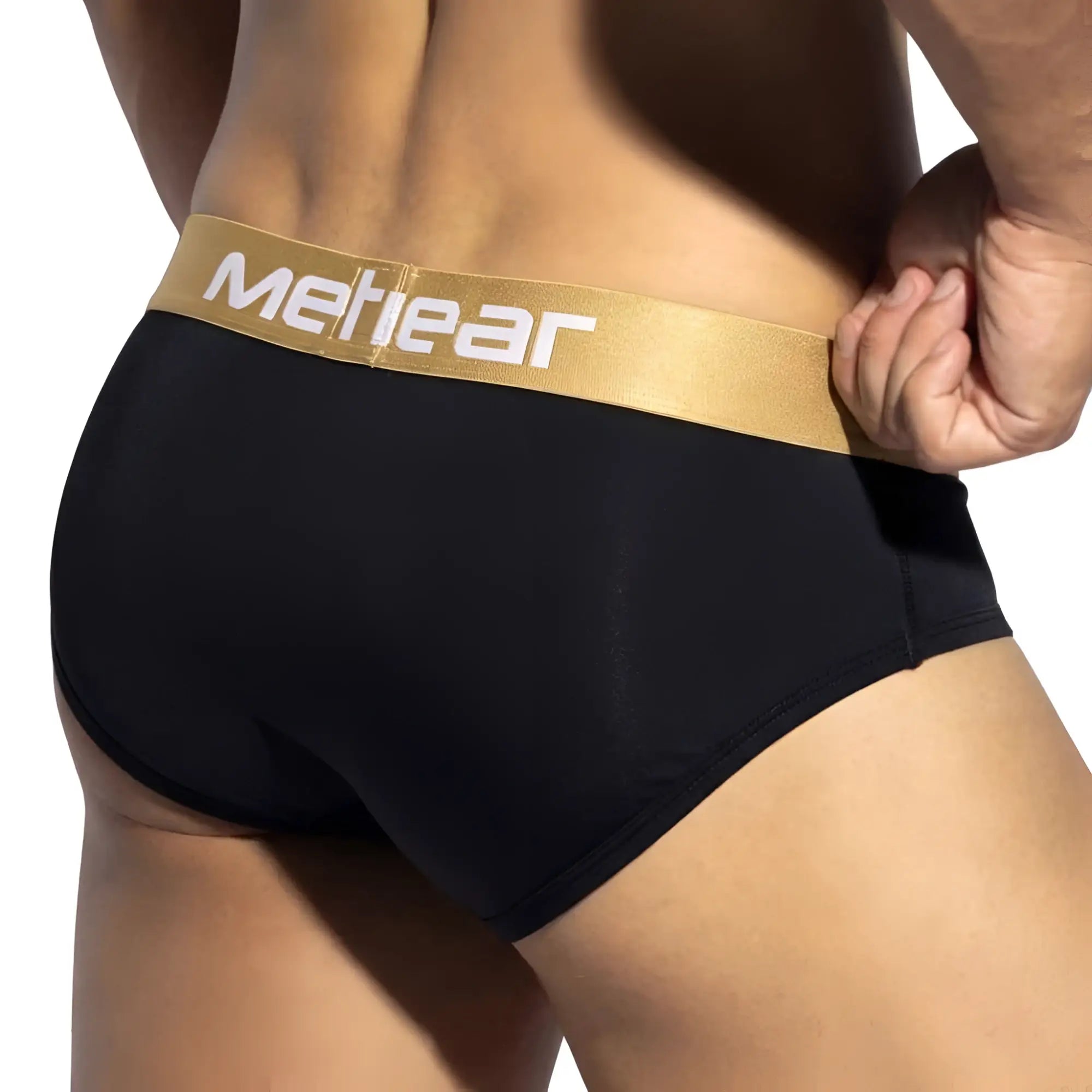Black MetroMaleWear panel bikini briefs with gold waistband and white lettering in style 6205-20
