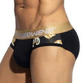 Black men’s briefs metroMalewear panel bikini with gold waistband and ornate side patterns in black color