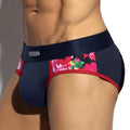 Navy blue men’s briefs metro male wear panel bikini 6205-28 with floral side pattern red trim and satin waistband