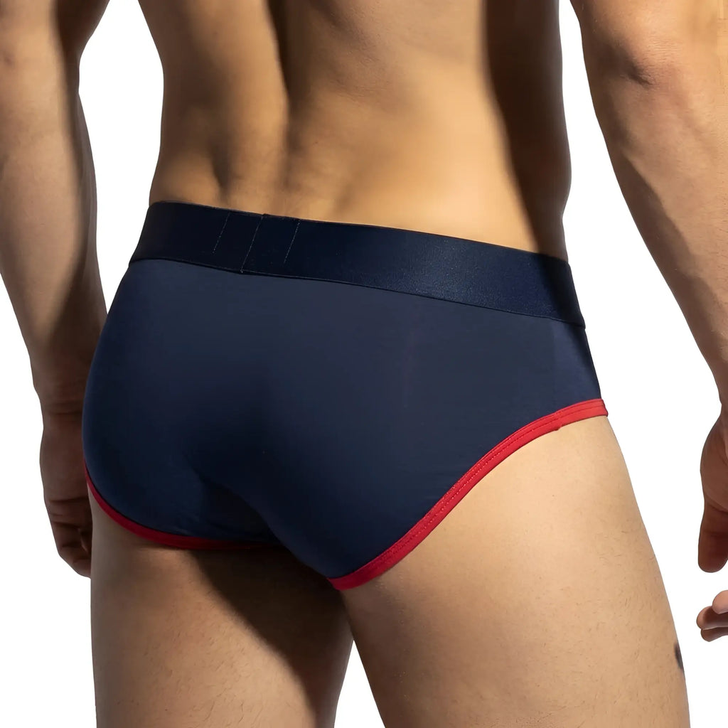 MetroMalewear panel bikini briefs in navy with red trim and smooth stretchy fabric waistband for comfortable fit