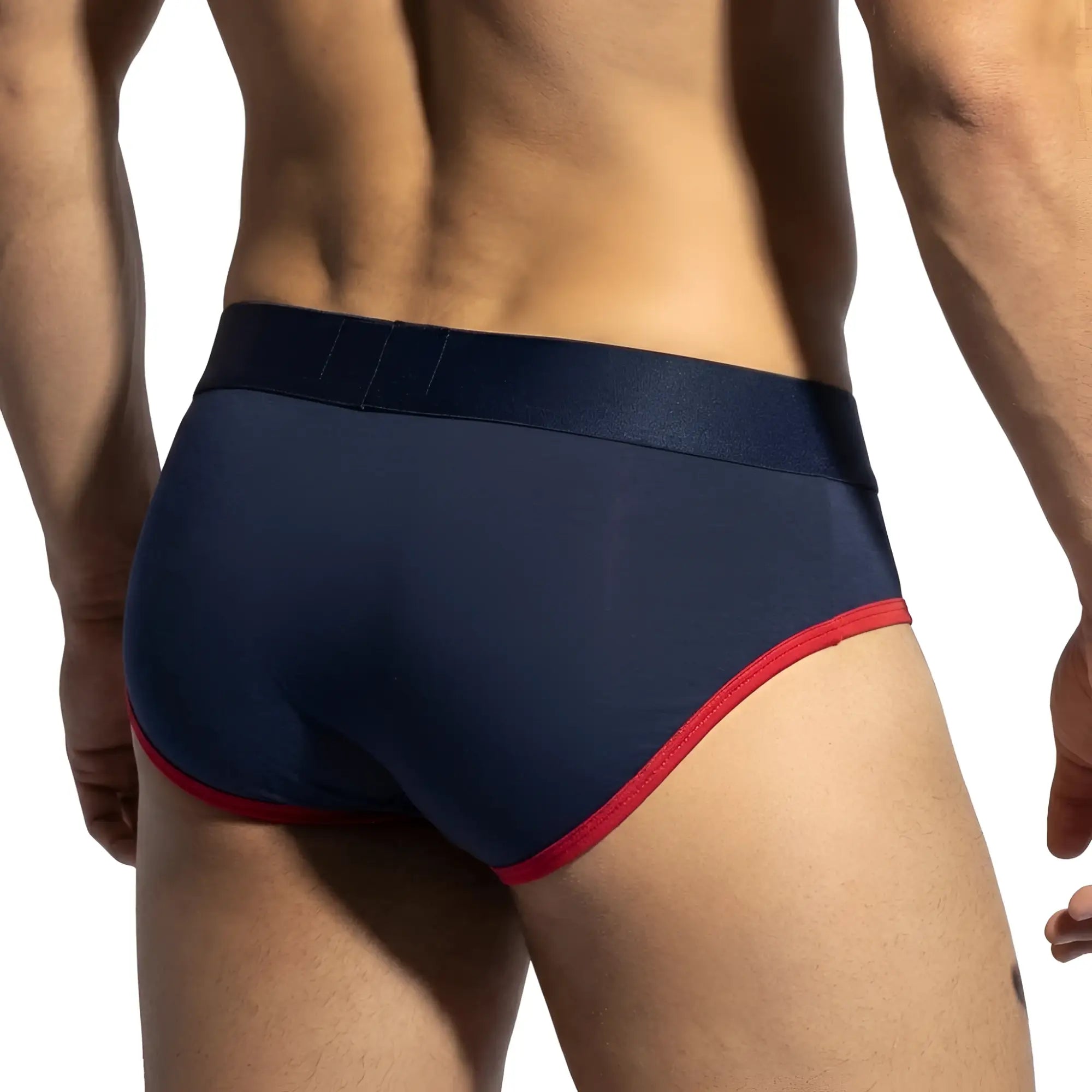 MetroMalewear panel bikini briefs in navy with red trim and smooth stretchy fabric waistband for comfortable fit