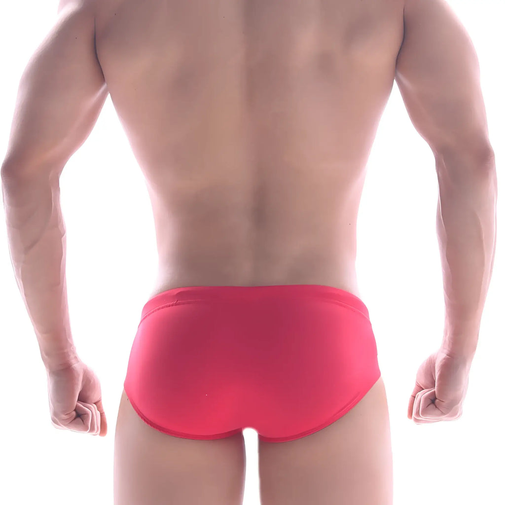 Bright red MetroMaleWear swim briefs with smooth form-fitting design for comfortable swimming use