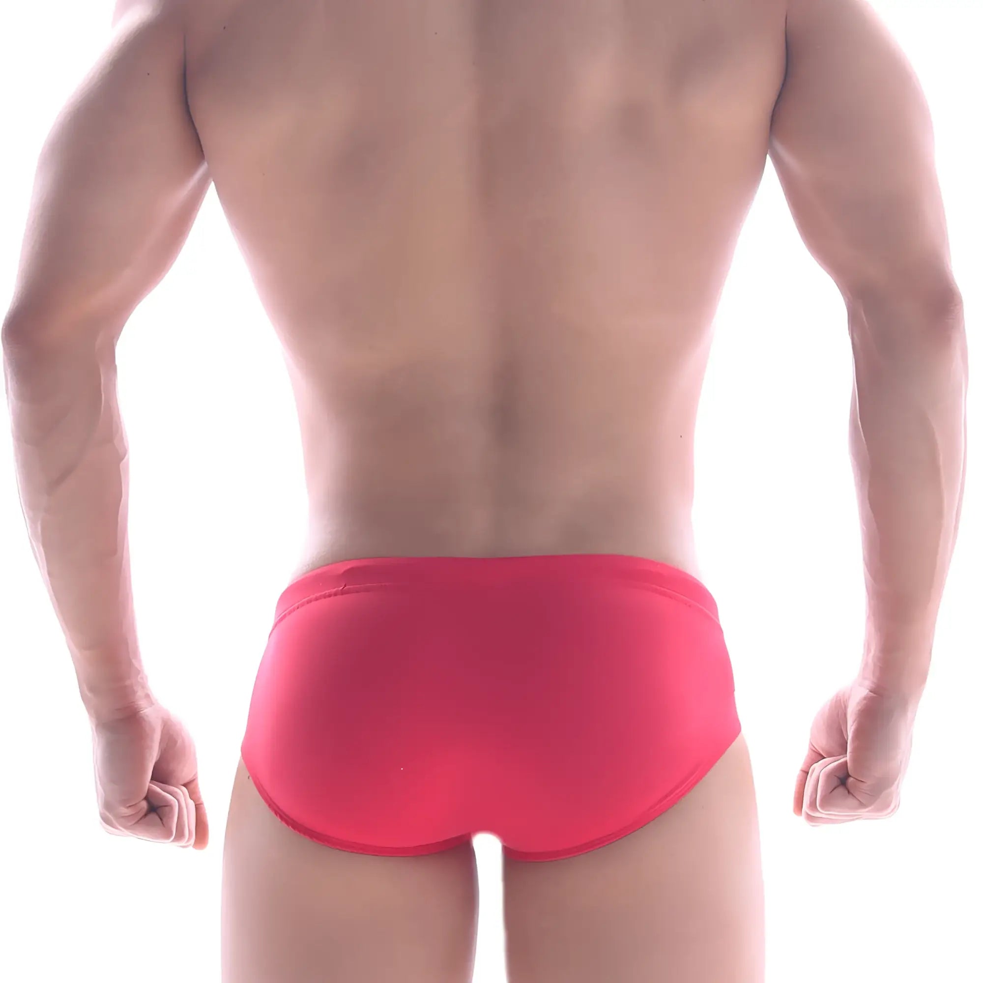 Bright red MetroMaleWear swim briefs with smooth form-fitting design for comfortable swimming use