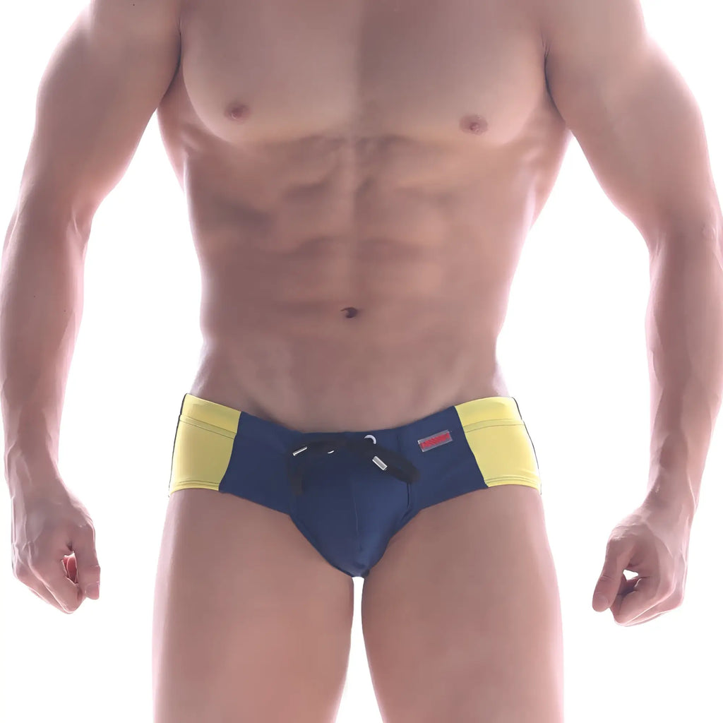 MetroMaleWear panel swim brief navy 4935-28 blue and yellow swim trunks with black drawstring waistband for swimming