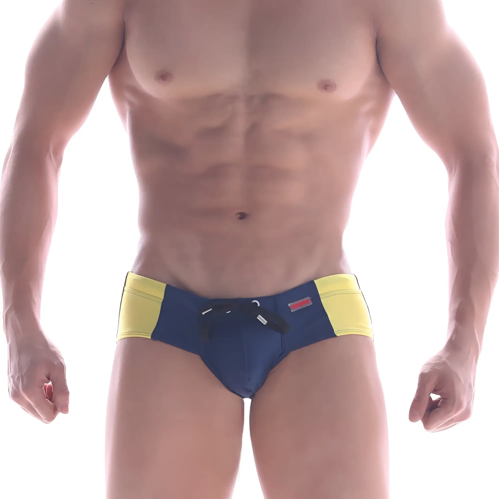 MetroMaleWear panel swim brief navy 4935-28 blue and yellow swim trunks with black drawstring waistband for swimming