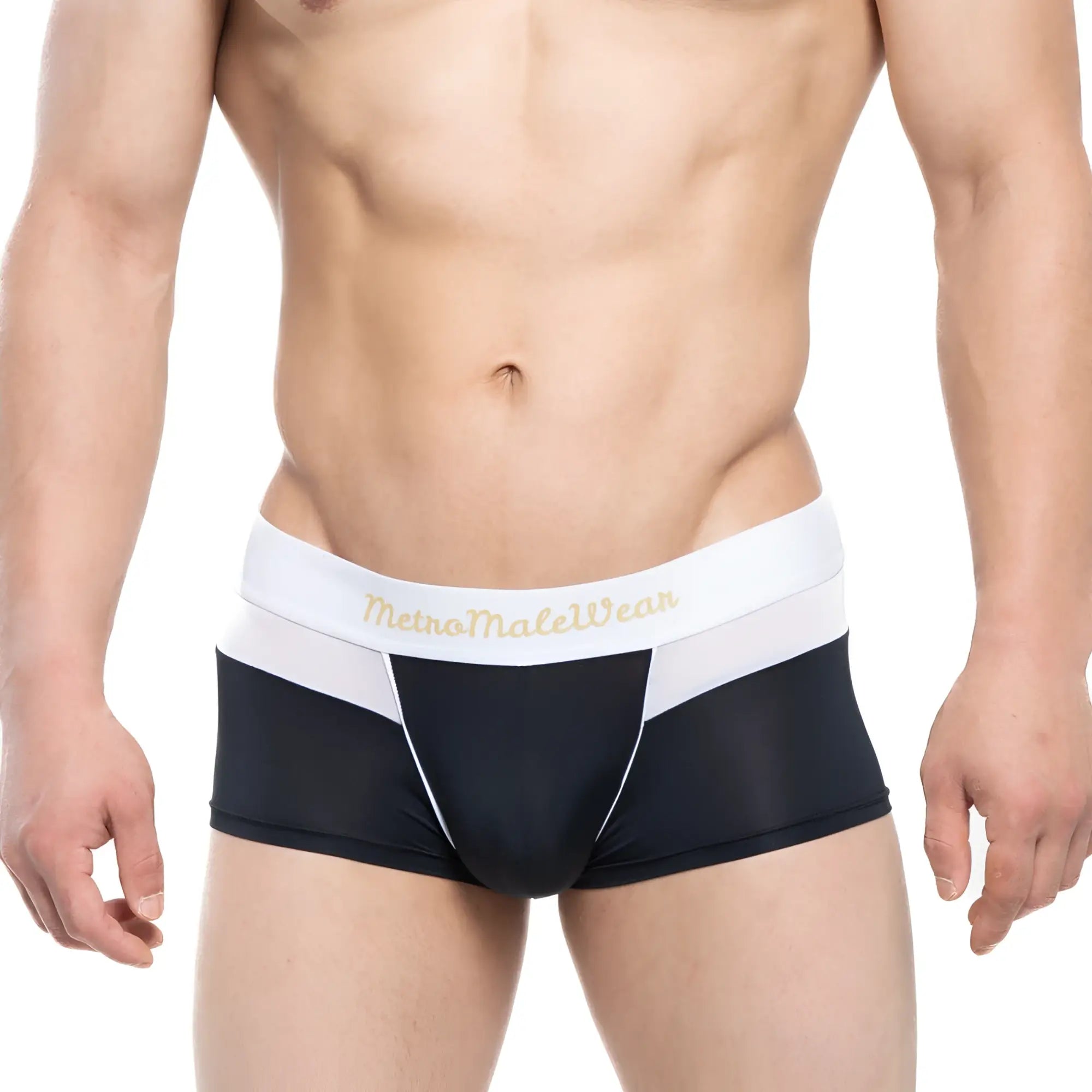 Black and white athletic briefs with gold metro male wear logo on waistband metro malewear parisienne short boxer 2026-88