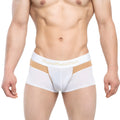 Metro male wear parisienne short boxer white briefs with tan accent stripe and gold branded waistband