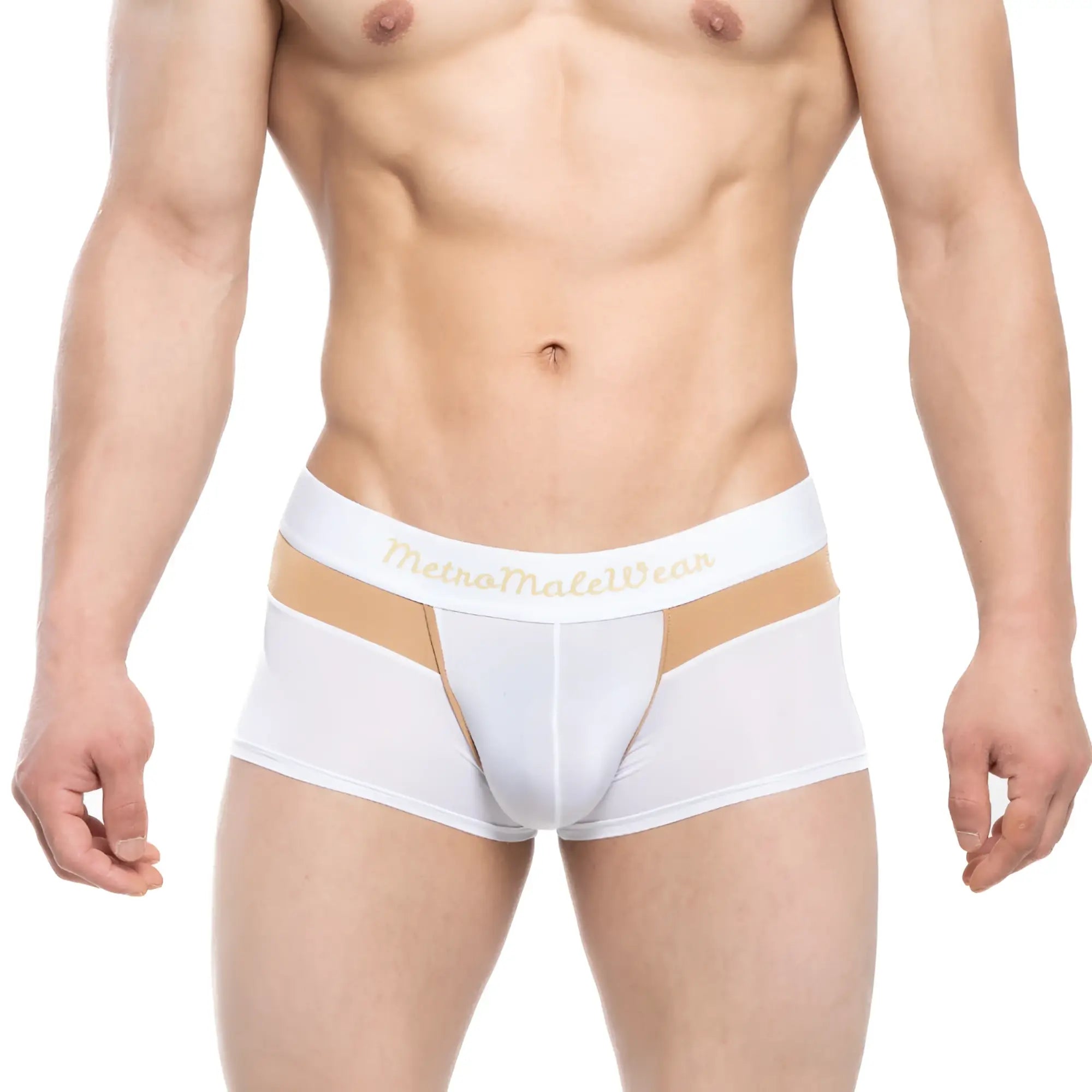 Metro male wear parisienne short boxer white briefs with tan accent stripe and gold branded waistband