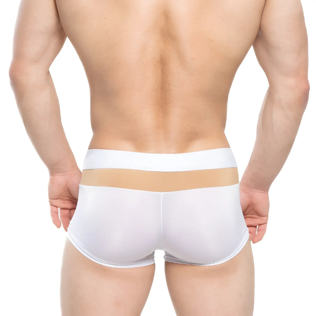 MetroMaleWear Parisienne short boxer white translucent briefs with a beige stripe on the waistband front view