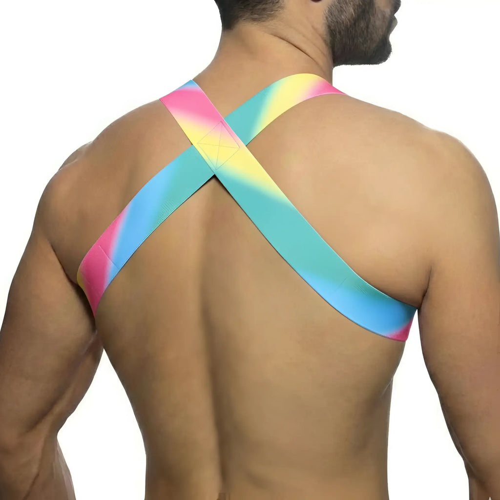 MetroMaleWear pastel harness 1400-50 vibrant rainbow crossback sports bra with smooth stretchy fabric design back view