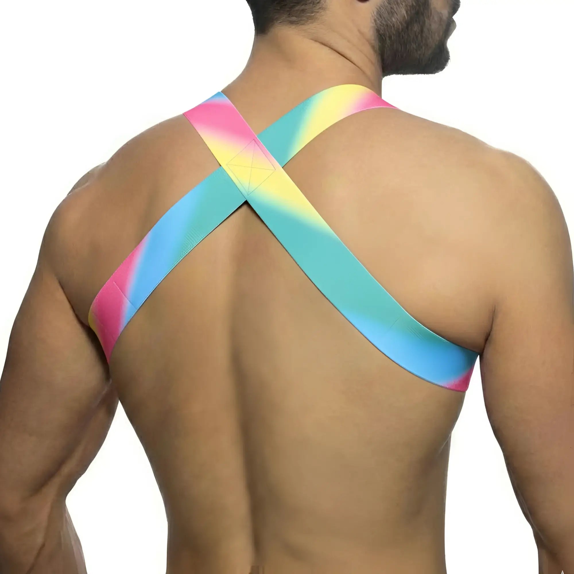 MetroMaleWear pastel harness 1400-50 vibrant rainbow crossback sports bra with smooth stretchy fabric design back view