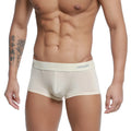 Cream-colored form-fitting men’s boxer briefs with a subtle gray logo on the waistband from MetroMaleWear
