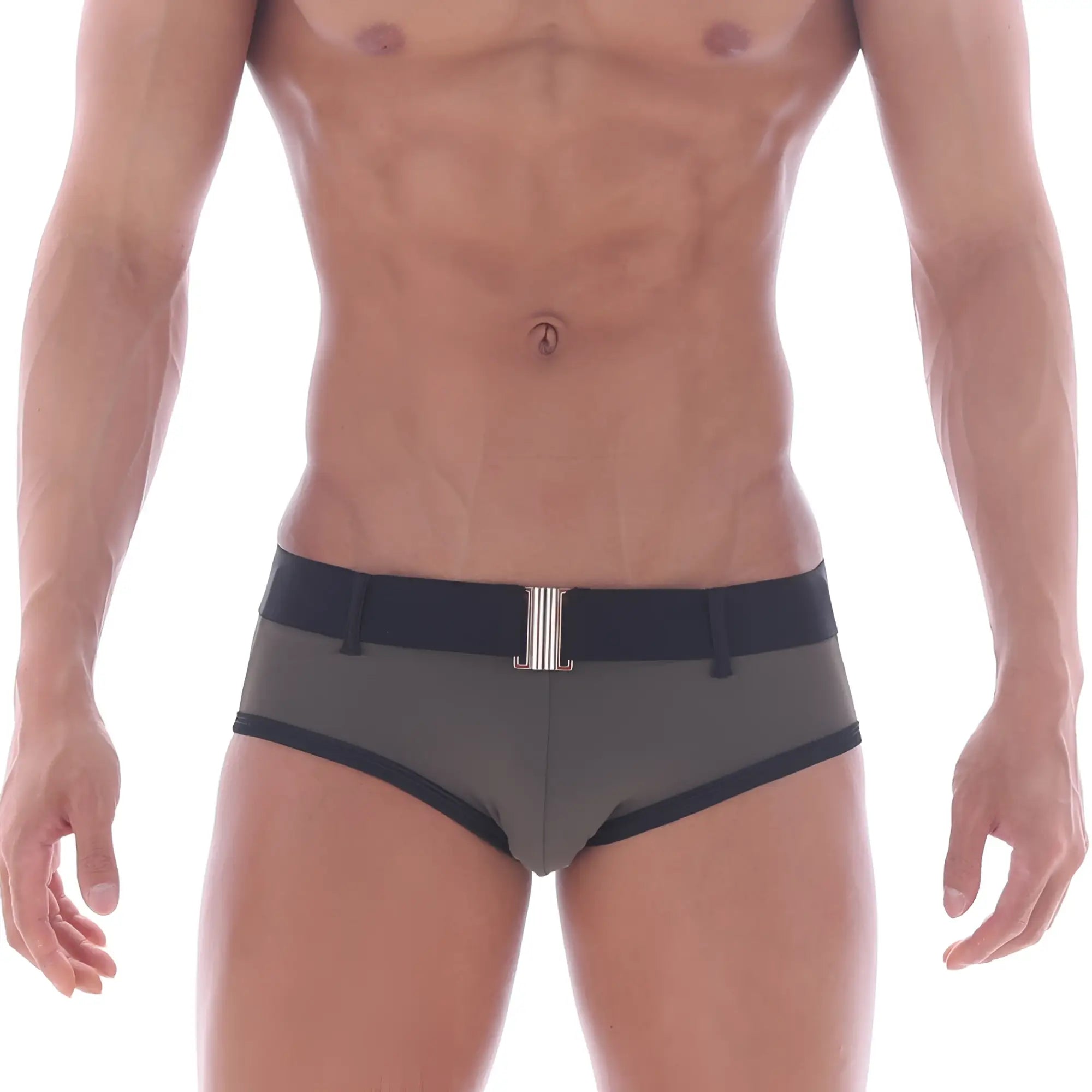 MetroMaleWear Patagonia swim brief khaki 4936-26 gray swim trunks with black trim and silver belt buckle front view