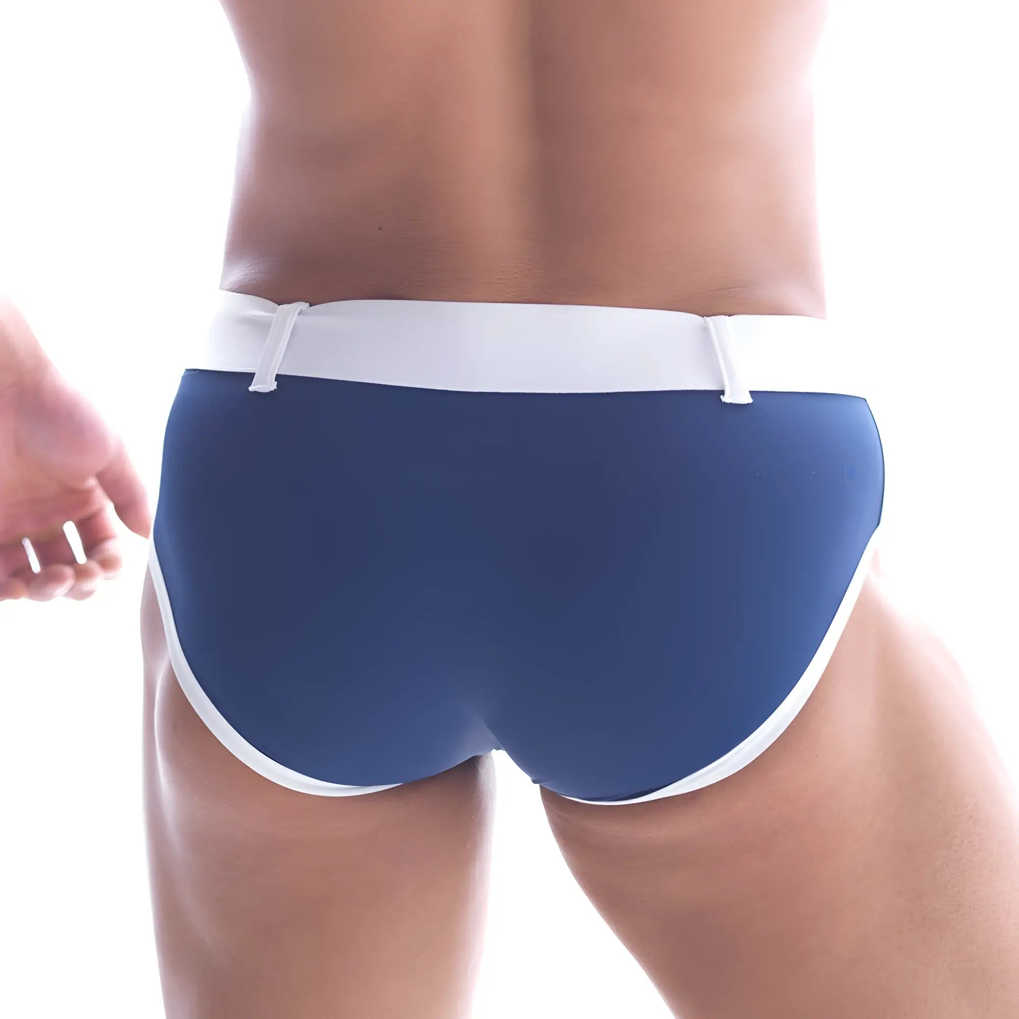 Navy blue swim brief with white waistband and trim by metro malewear patagonia for swimming and beachwear