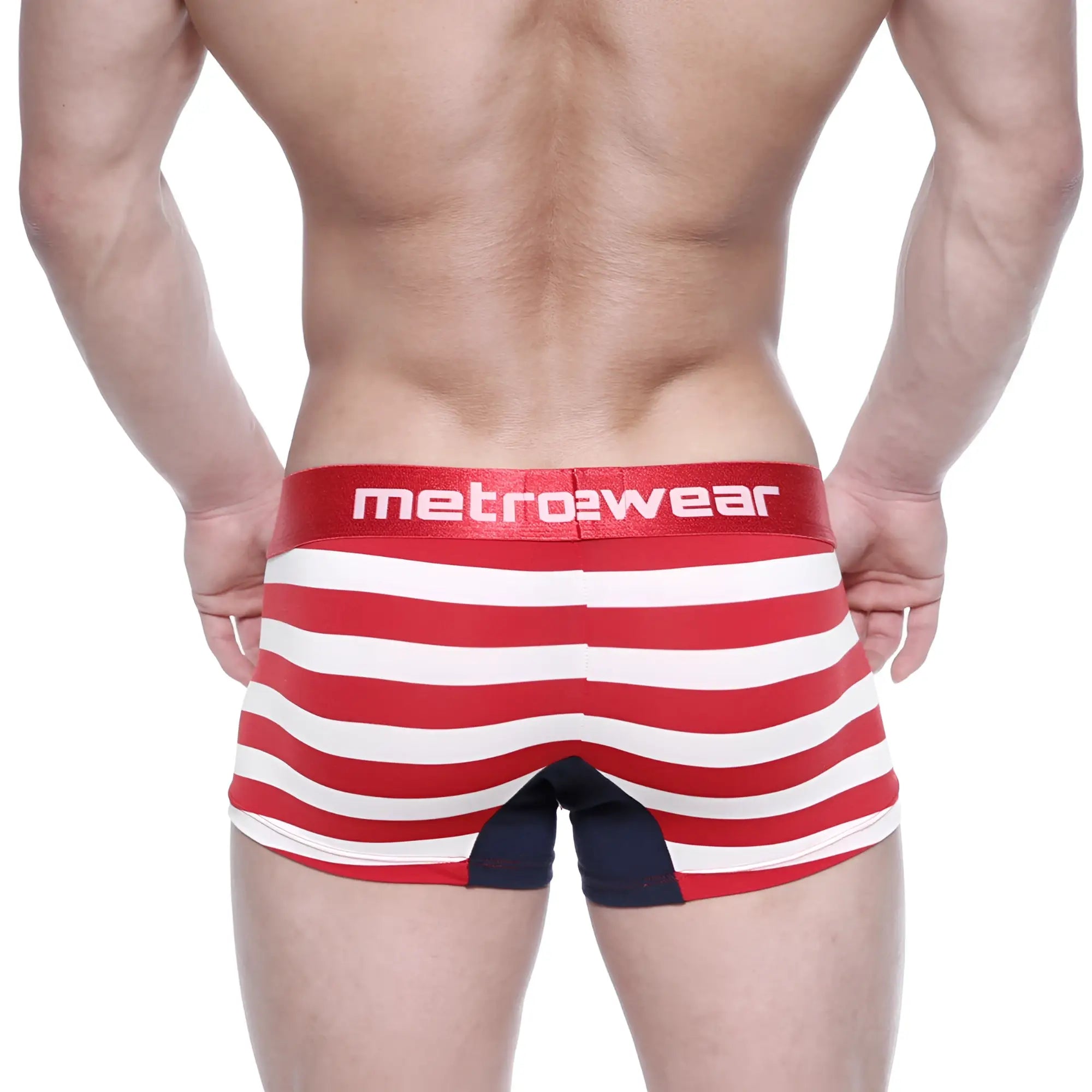 Back side of red and white striped men’s boxer briefs with navy blue panel and metro2wear waistband metroMalewear patriot short boxer