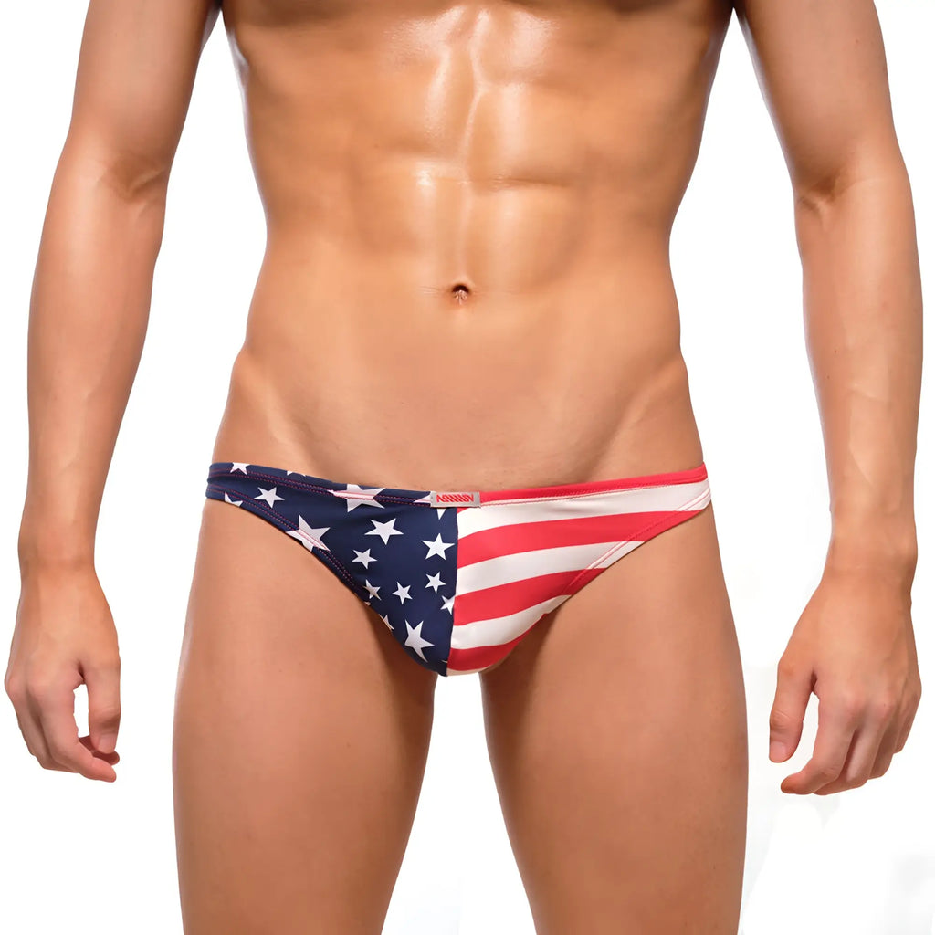 MetroMaleWear patriot thong 2302-94 men’s swim trunks with red white and blue American flag star and stripe design