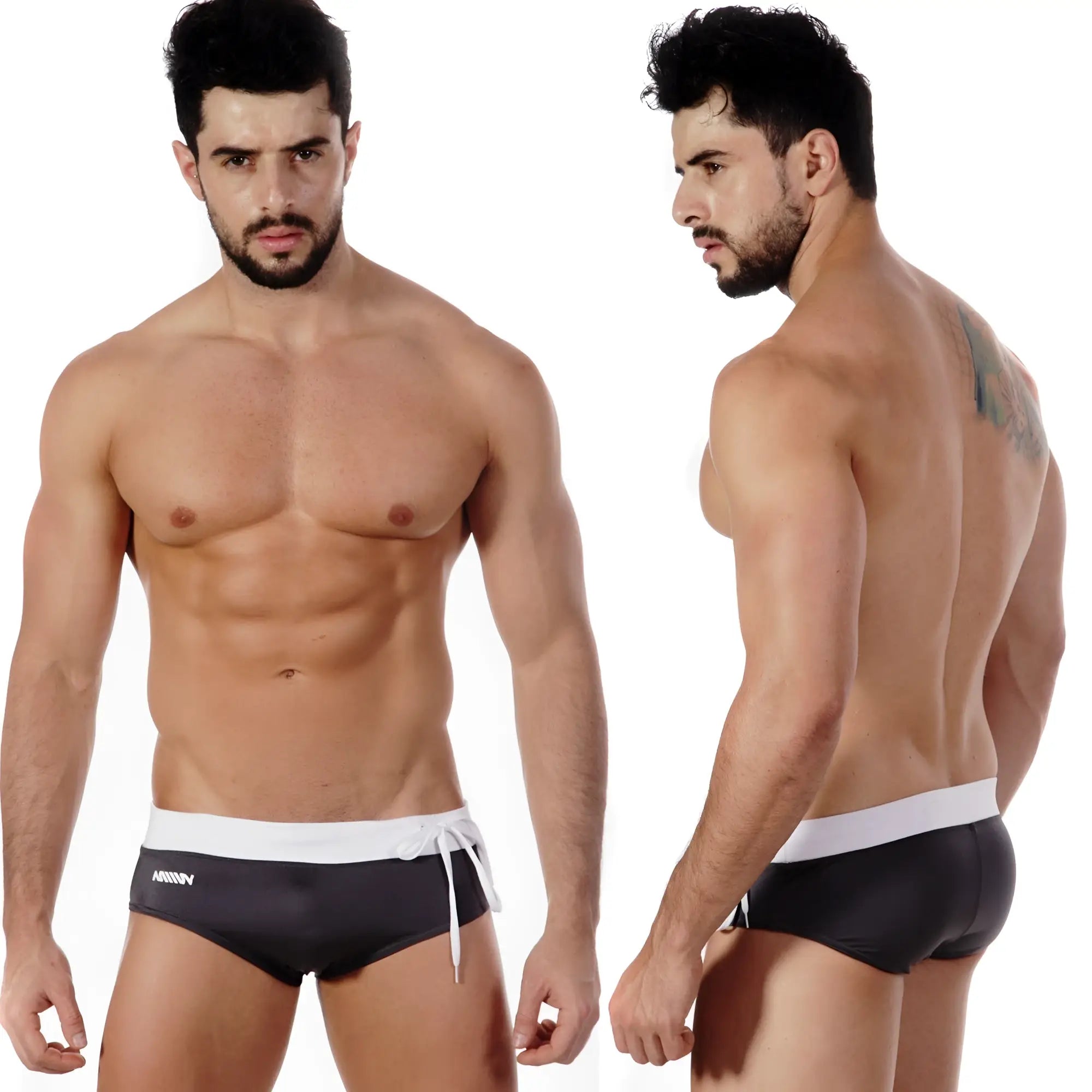 Black swim trunks metro male wear pearl swim brief 4910-11 with white waistband drawstring and subtle side logo
