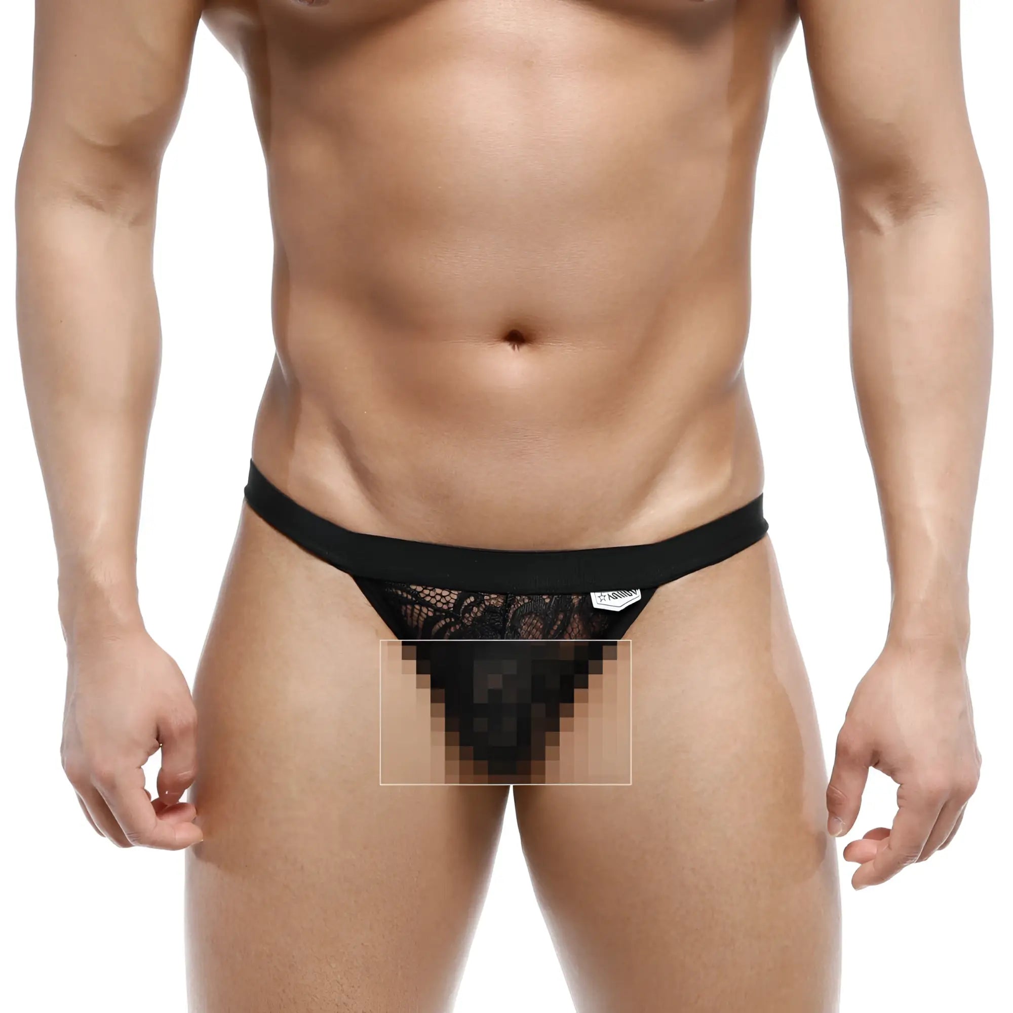 Black lace thong with solid black waistband from metromalewear peek-a-boo bikini 1204-20 showing front side view