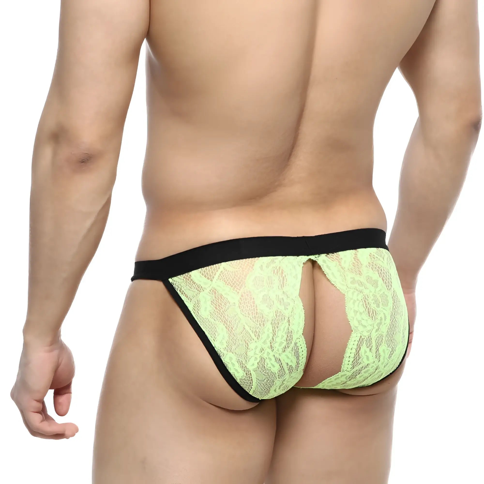 Lime green lace thong with black elastic waistband from MetroMaleWear peek-a-boo bikini style 1204-07