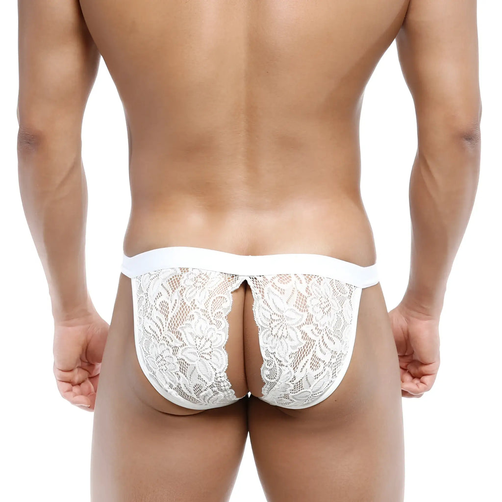 Metro malewear peek-a-boo bikini ivory white lace thong with floral pattern and solid white waistband front view