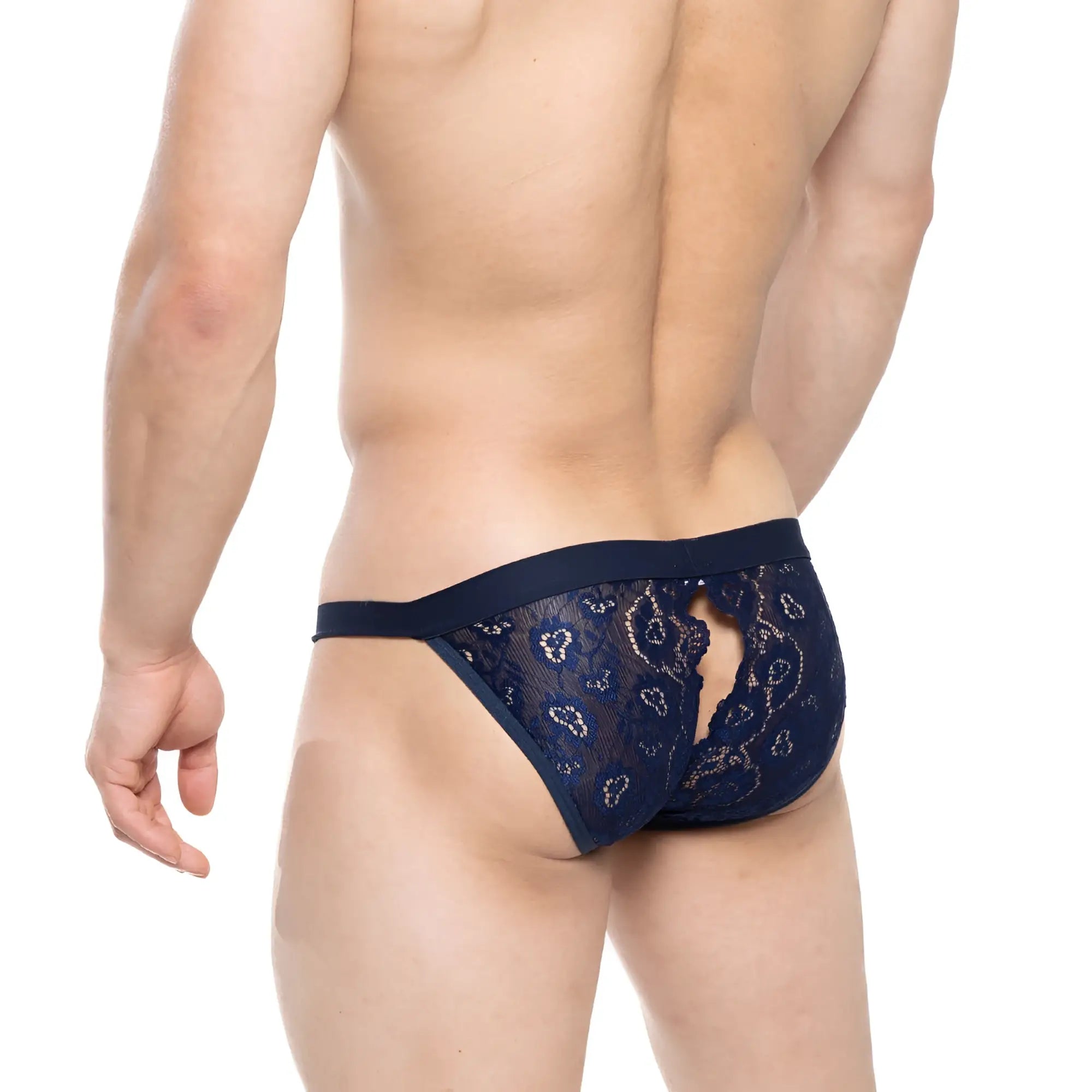 MetroMaleWear peek-a-boo bikini navy lace thong with intricate paisley pattern and central cutout detail