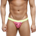 Bright pink lace thong bikini with neon yellow waistband from metromalewear peek-a-boo bikini pink 1204-02