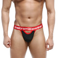 Black and red metromalewear peek-a-boo thong briefs with bold contrasting design showing the back side