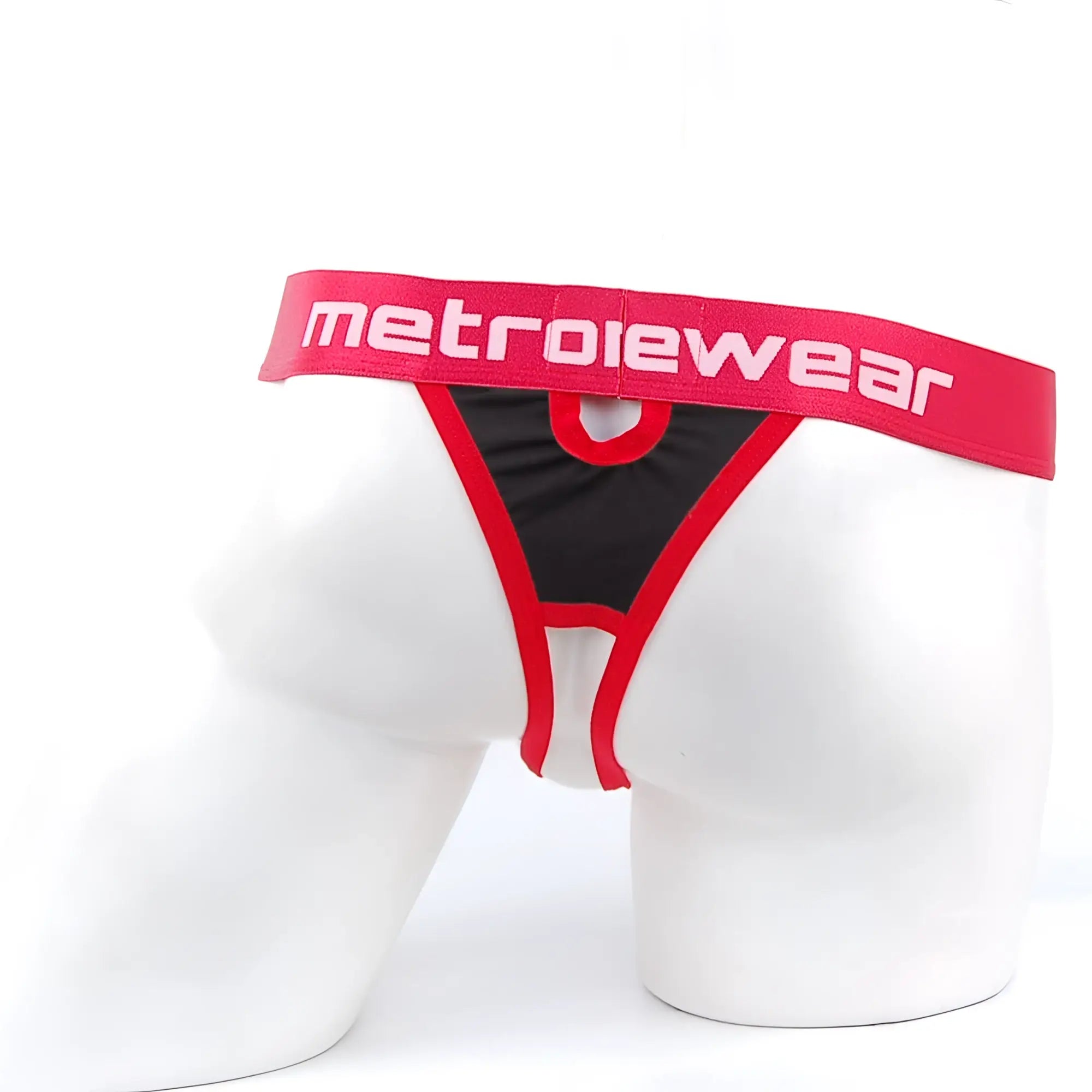 Red and black metroMaleWear peek-a-boo thong briefs with bold red waistband and white lettering front view