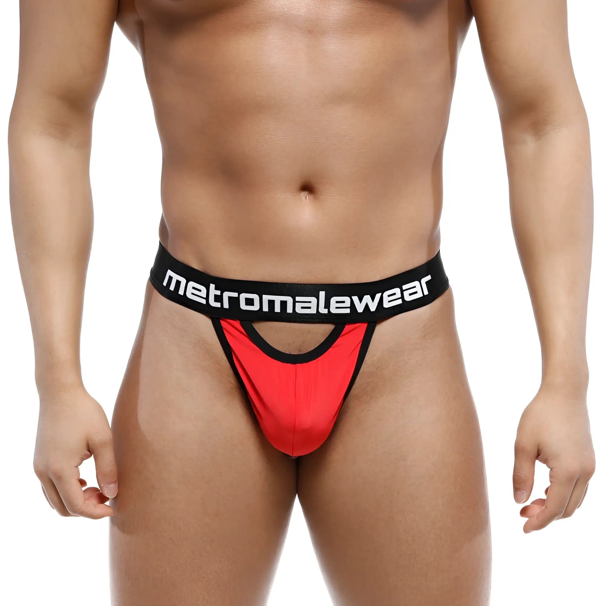 Red and black metromalewear peek-a-boo thong with bold contrasting design showing the back side of the product