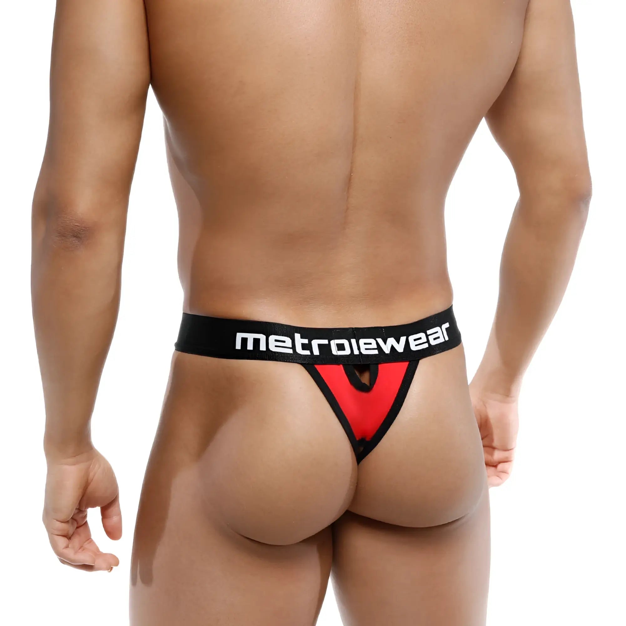 Red and black metroMaleWear peek-a-boo thong with branded waistband showing back side design