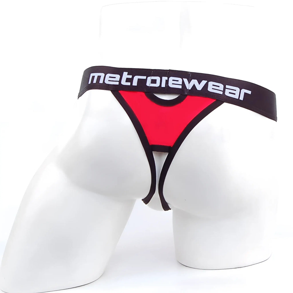 MetroMaleWear Peek-a-Boo thong in red and black metrowear with bold contrasting design showing front view
