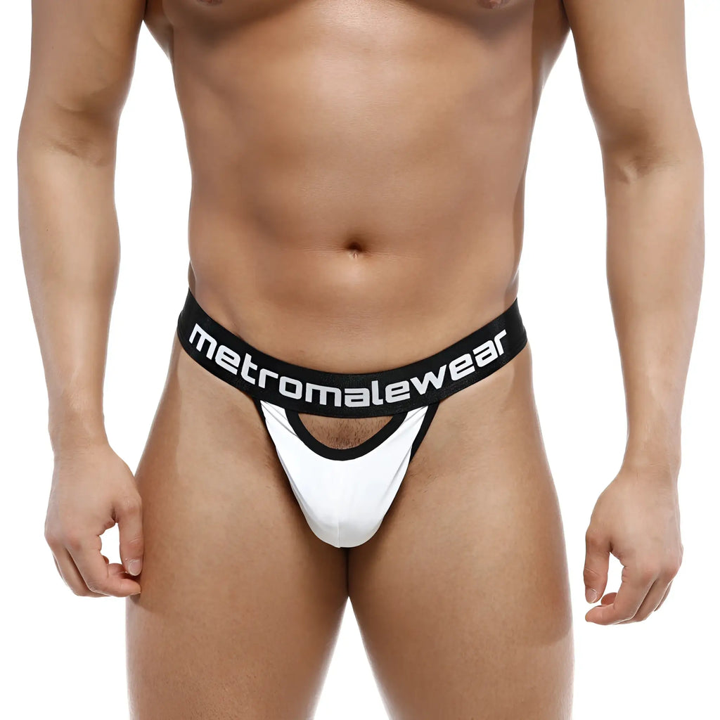 White and black metromalewear peek-a-boo thong with bold contrasting design showing the back side of the product