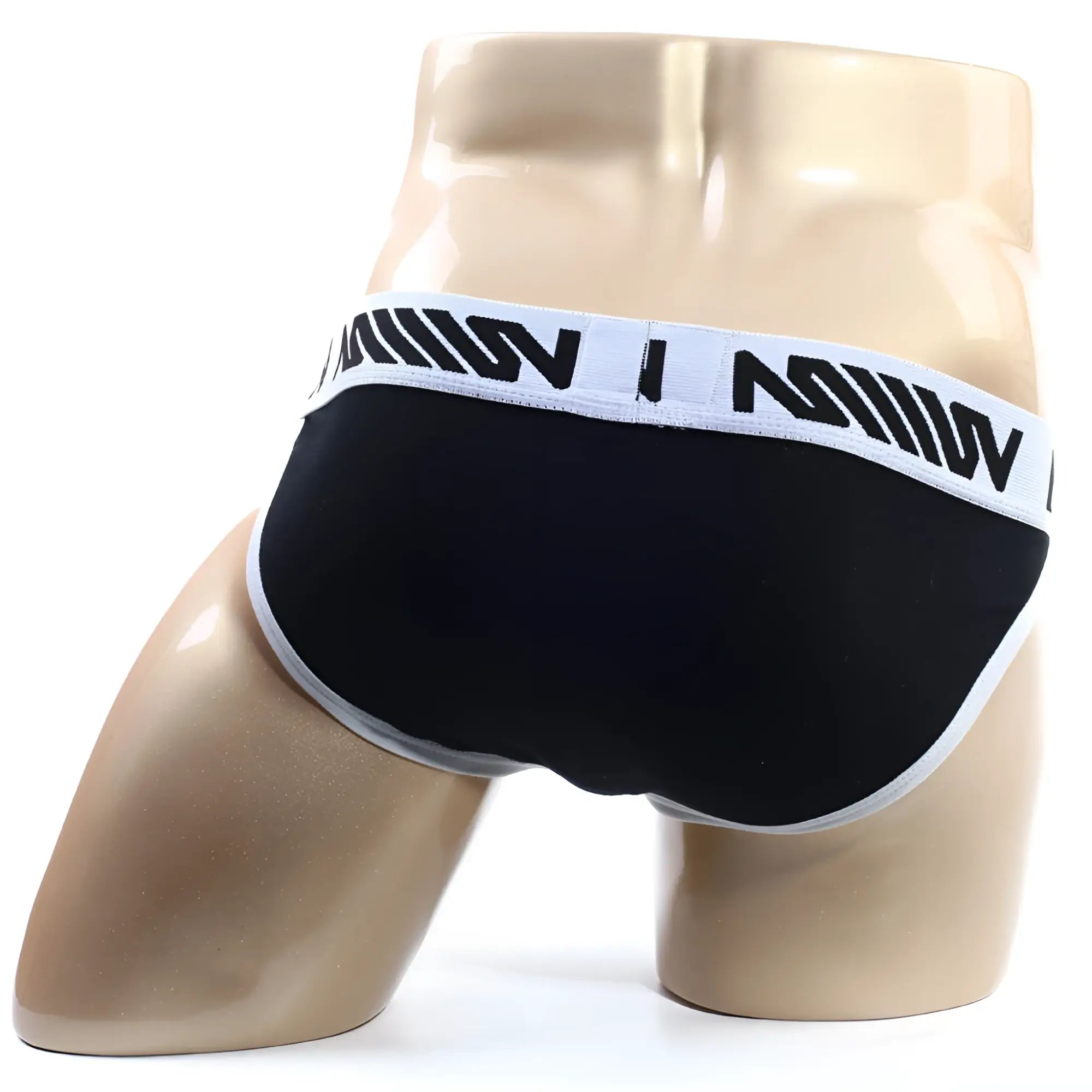 MetroMaleWear perfect scene bikini black briefs with white elastic waistband featuring bold black lettering